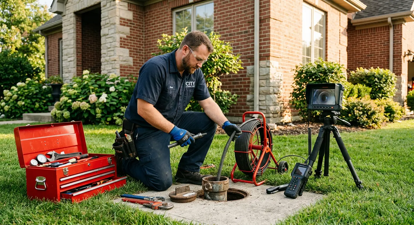 Sewer specialist with camera equipment servicing a cleanout in Potsdam