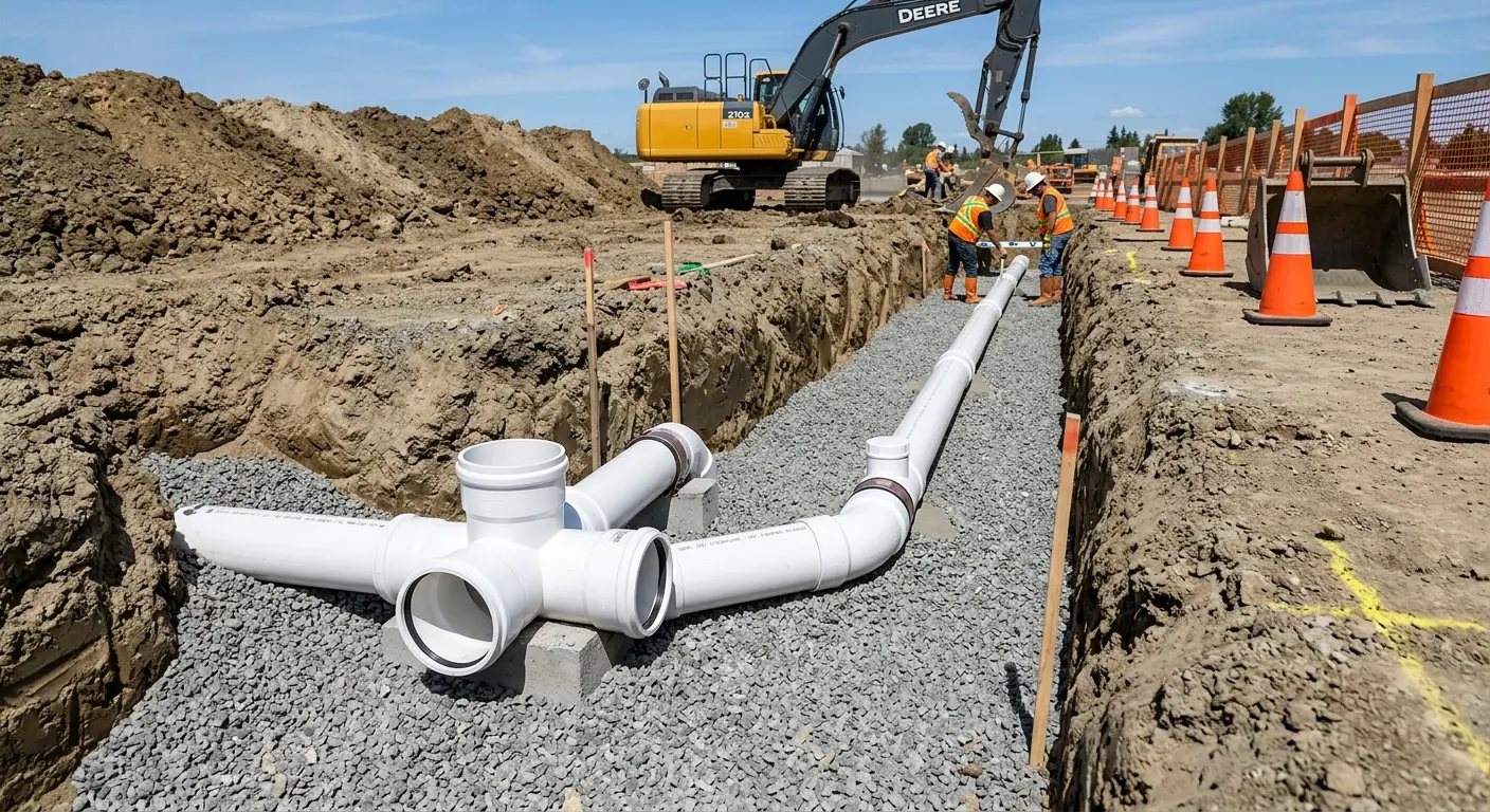 New PVC sewer pipe installation in open trench for Commercial Drain Cleaning in Potsdam