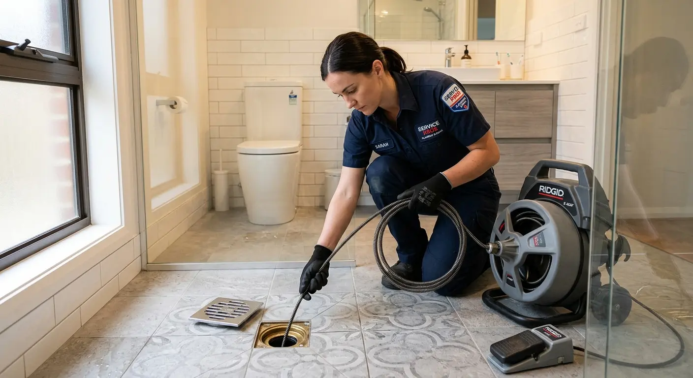 Technician clearing a bathroom floor drain for Clogged Drain Repair in Potsdam